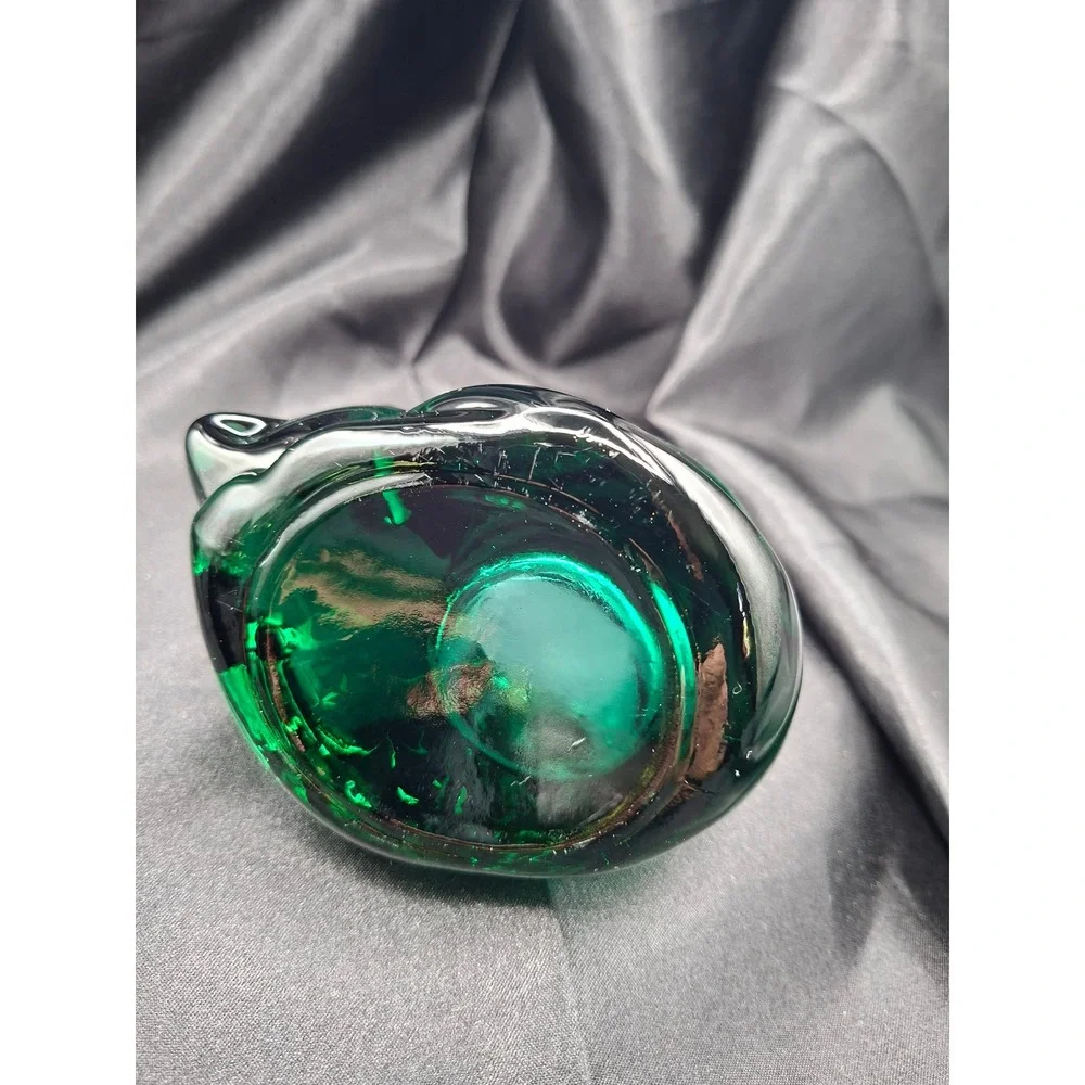 Vintage Emerald Green Art Glass Sleeping Cat Votive Candle Holder Figurine
